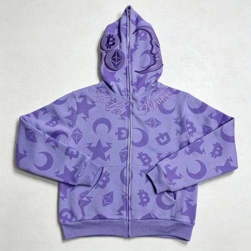 Embroidery Full Face Zip Hoodie with Towel Embroidery All Over DTG Print | Retro street casual daily wear | Custom Streetwear