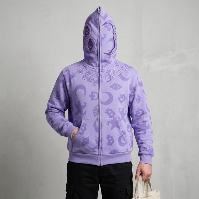 Embroidery Full Face Zip Hoodie with Towel Embroidery All Over DTG Print | Retro street casual daily wear | Custom Streetwear