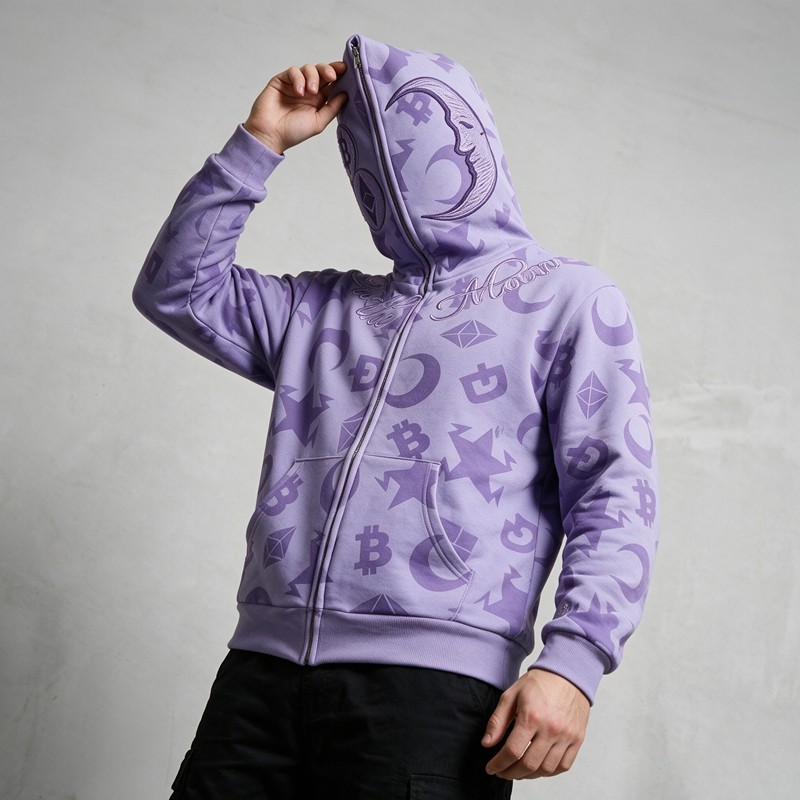 Embroidery Full Face Zip Hoodie with Towel Embroidery All Over DTG Print