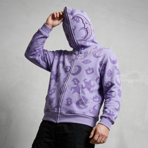 Embroidery Full Face Zip Hoodie with Towel Embroidery All Over DTG Print | Retro street casual daily wear | Custom Streetwear