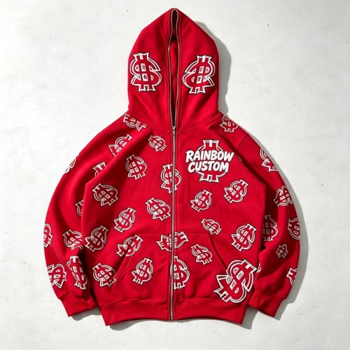 Full Face Zip Hoodie with Dollar DTG Print Embroidery | Hip hop street casual daily wear | OEM Streetwear