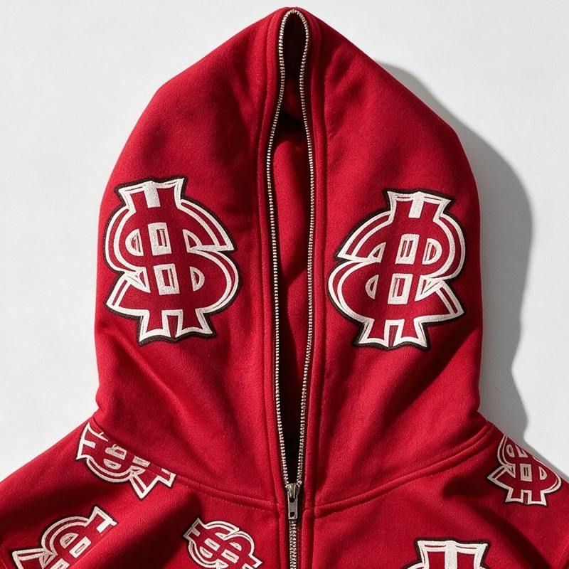 Full Face Zip Hoodie with Dollar DTG Print Embroidery