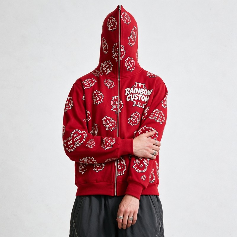 Full Face Zip Hoodie with Dollar DTG Print Embroidery
