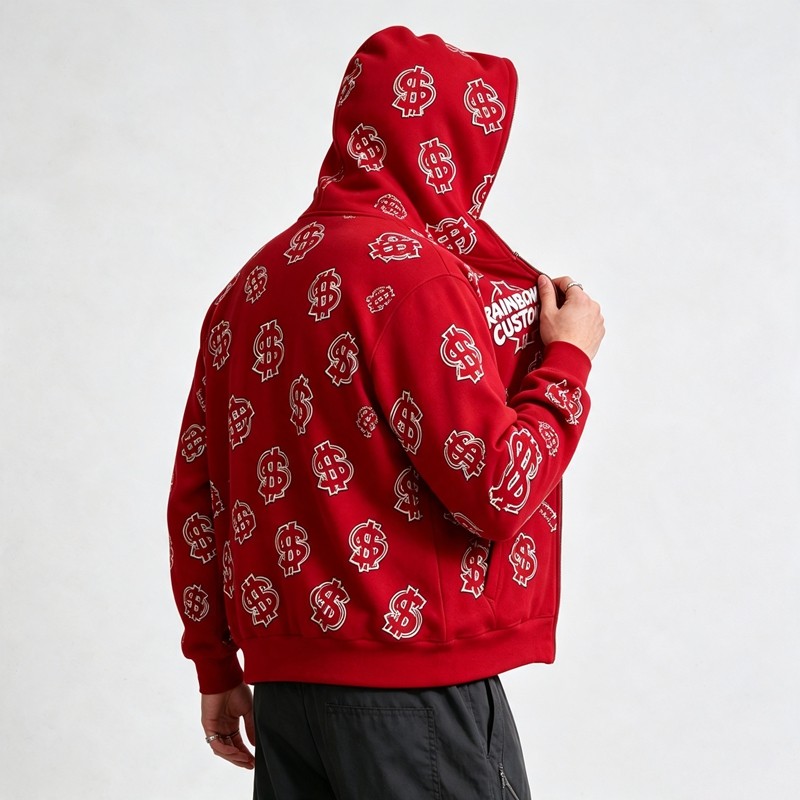 Full Face Zip Hoodie with Dollar DTG Print Embroidery