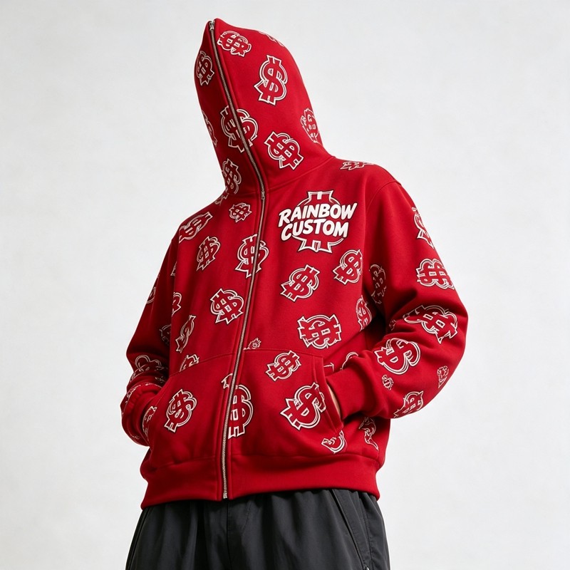 Full Face Zip Hoodie with Dollar DTG Print Embroidery