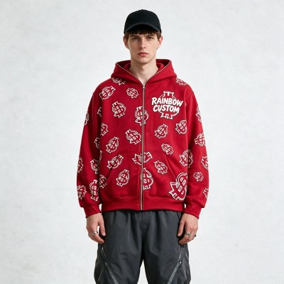 Full Face Zip Hoodie with Dollar DTG Print Embroidery | Hip hop street casual daily wear | OEM Streetwear
