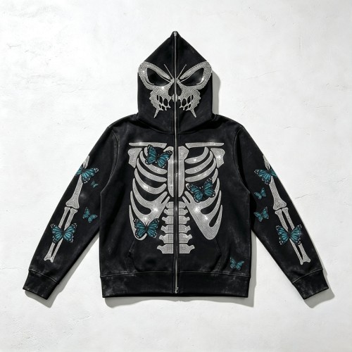 Full Face Zip Hoodie with Washed Rhinestone DTG Print | Shimmer Skeleton Butterfly Retro Design | Streetwear Manufacturer
