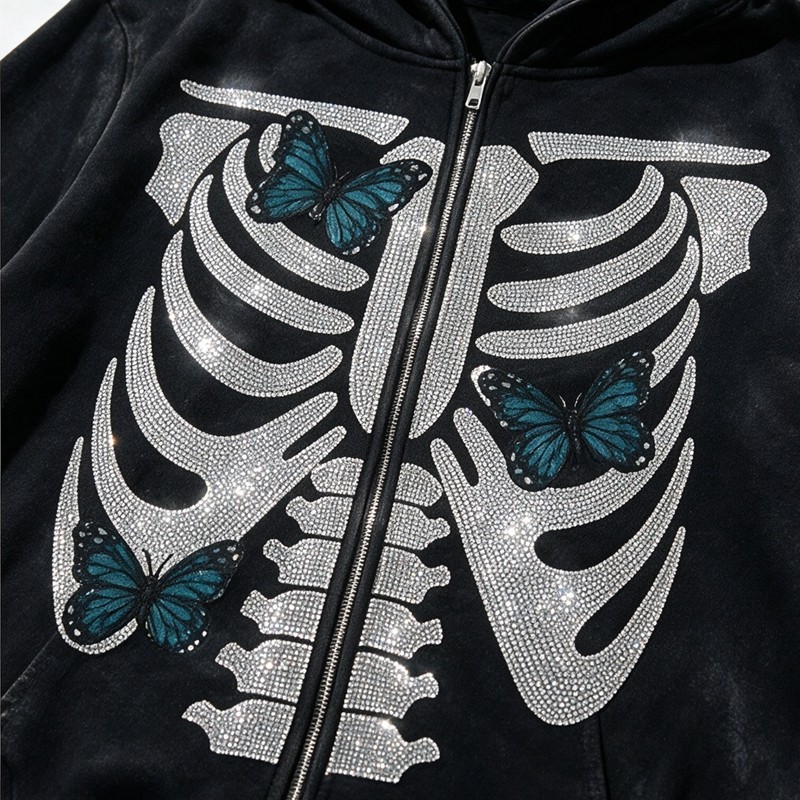 Full Face Zip Hoodie with Washed Rhinestone DTG Print