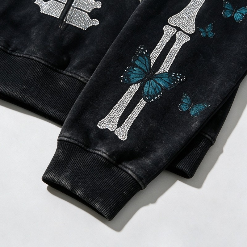 Full Face Zip Hoodie with Washed Rhinestone DTG Print