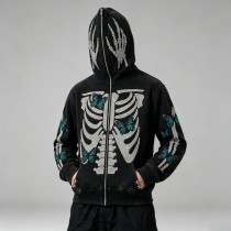 Full Face Zip Hoodie with Washed Rhinestone DTG Print | Shimmer Skeleton Butterfly Retro Design | Streetwear Manufacturer