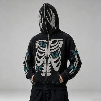 Full Face Zip Hoodie with Washed Rhinestone DTG Print | Shimmer Skeleton Butterfly Retro Design | Streetwear Manufacturer