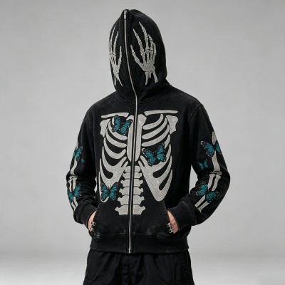 Full Face Zip Hoodie with Washed Rhinestone DTG Print | Shimmer Skeleton Butterfly Retro Design | Streetwear Manufacturer