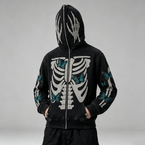 Full Face Zip Hoodie with Washed Rhinestone DTG Print | Shimmer Skeleton Butterfly Retro Design | Streetwear Manufacturer