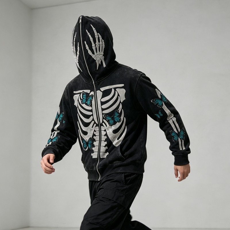 Full Face Zip Hoodie with Washed Rhinestone DTG Print