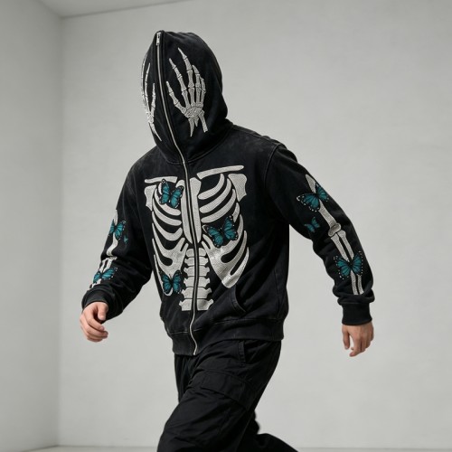Full Face Zip Hoodie with Washed Rhinestone DTG Print | Shimmer Skeleton Butterfly Retro Design | Streetwear Manufacturer