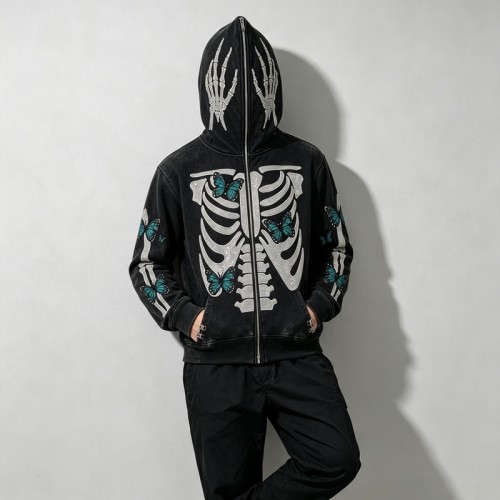 Full Face Zip Hoodie with Washed Rhinestone DTG Print | Shimmer Skeleton Butterfly Retro Design | Streetwear Manufacturer