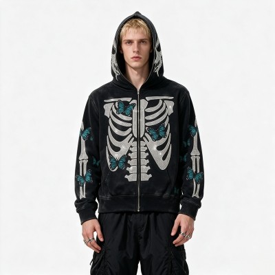 Full Face Zip Hoodie with Washed Rhinestone DTG Print | Shimmer Skeleton Butterfly Retro Design | Streetwear Manufacturer