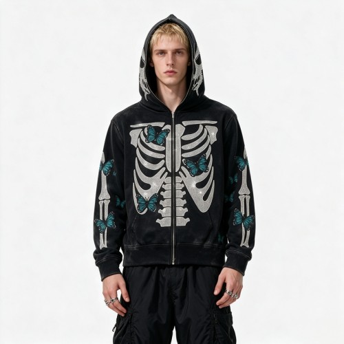 Full Face Zip Hoodie with Washed Rhinestone DTG Print | Shimmer Skeleton Butterfly Retro Design | Streetwear Manufacturer