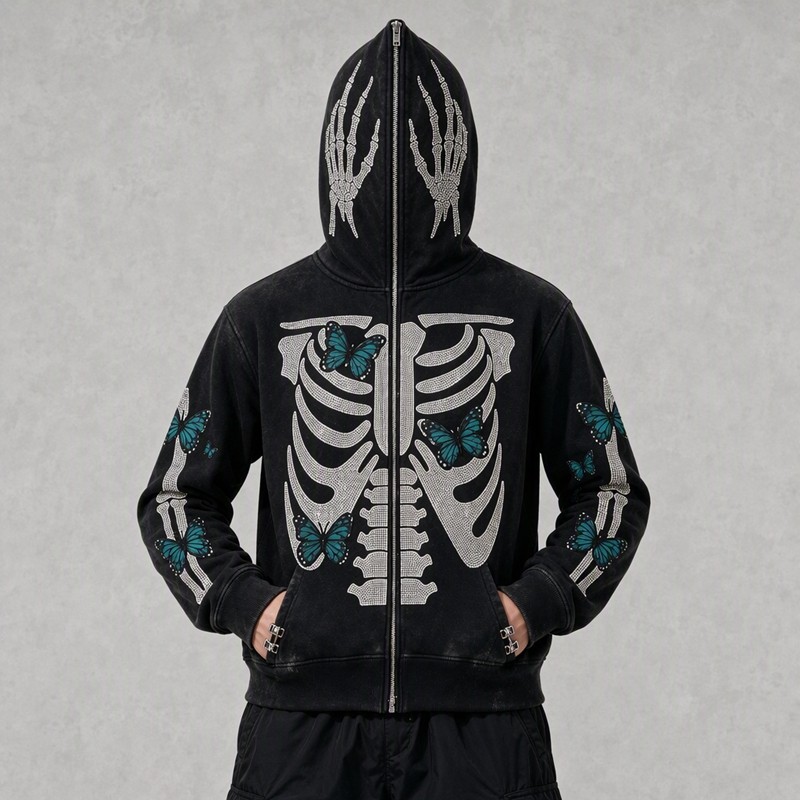 Full Face Zip Hoodie with Washed Rhinestone DTG Print