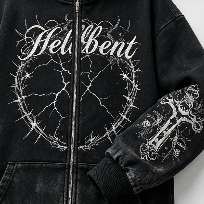 Full Face Zip Hoodie with Washed DTG Thorn Heart Print Embroidery