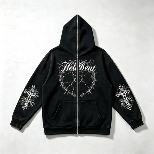 Full Face Zip Hoodie with Washed DTG Thorn Heart Print Embroidery | Dark Grunge Street Daily Outfit | Custom Streetwear