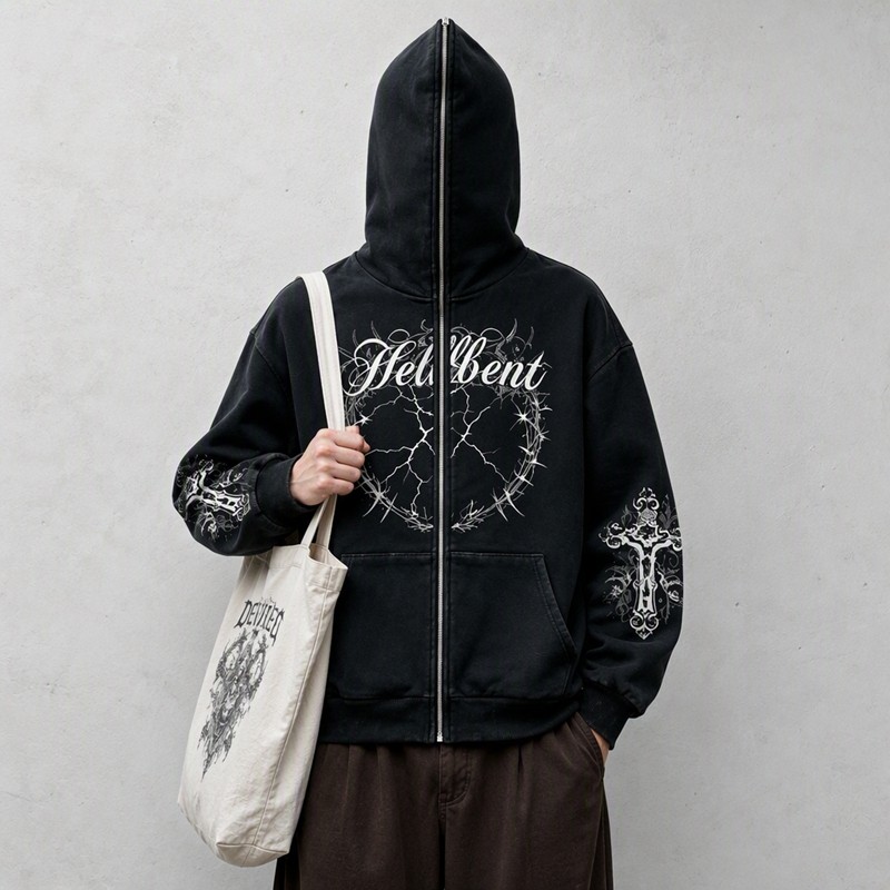 Full Face Zip Hoodie with Washed DTG Thorn Heart Print Embroidery