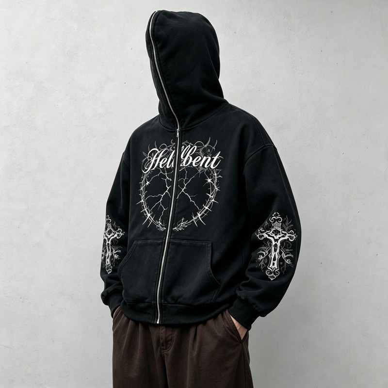 Full Face Zip Hoodie with Washed DTG Thorn Heart Print Embroidery