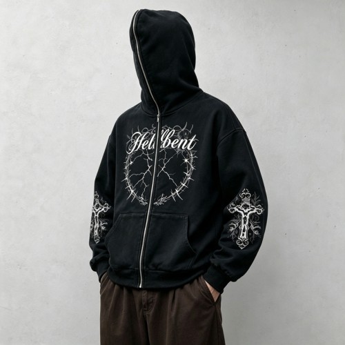 Full Face Zip Hoodie with Washed DTG Thorn Heart Print Embroidery | Dark Grunge Street Daily Outfit | Custom Streetwear