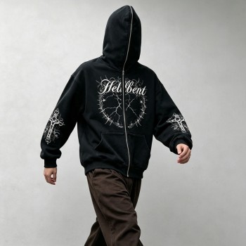 Full Face Zip Hoodie with Washed DTG Thorn Heart Print Embroidery | Dark Grunge Street Daily Outfit | Custom Streetwear