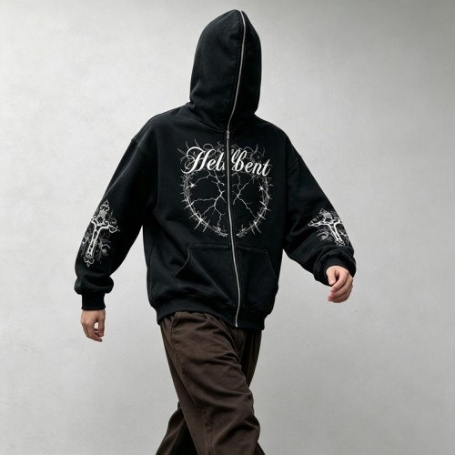 Full Face Zip Hoodie with Washed DTG Thorn Heart Print Embroidery | Dark Grunge Street Daily Outfit | Custom Streetwear