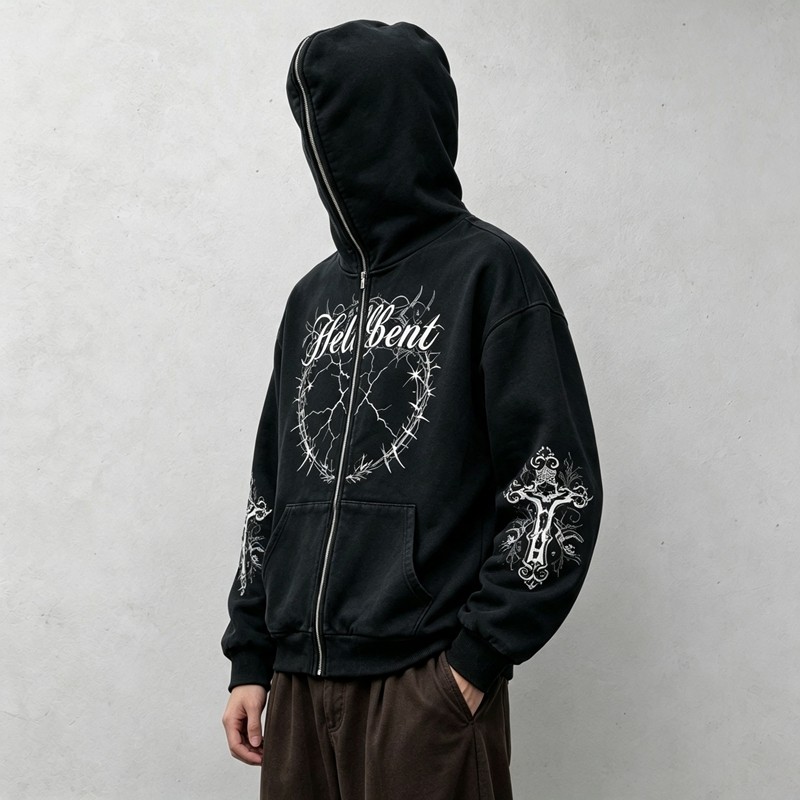Full Face Zip Hoodie with Washed DTG Thorn Heart Print Embroidery