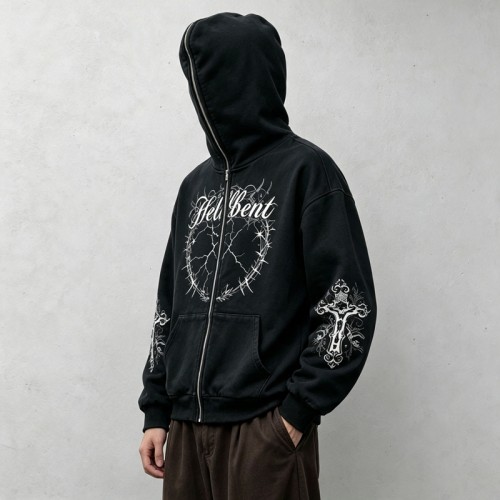 Full Face Zip Hoodie with Washed DTG Thorn Heart Print Embroidery | Dark Grunge Street Daily Outfit | Custom Streetwear