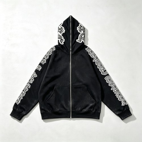 Wash DTG Print Full Face Zip Hoodie | Vintage Gothic Letter Sword Sleeve Print | Streetwear Manufacturer