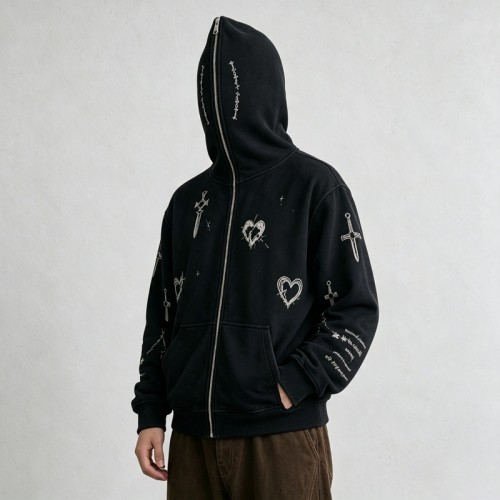 Wash DTG Print Full Face Zip Hoodie | Vintage Gothic Letter Sword Sleeve Print | Streetwear Manufacturer