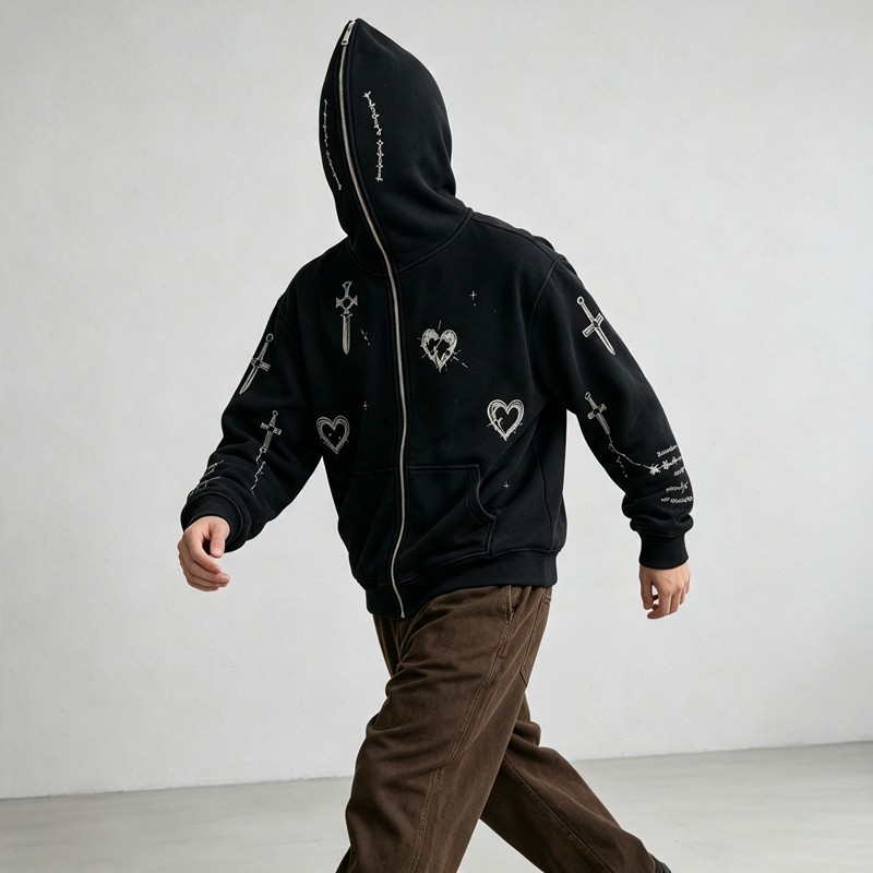 Wash DTG Print Full Face Zip Hoodie