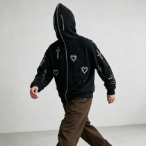 Wash DTG Print Full Face Zip Hoodie | Vintage Gothic Letter Sword Sleeve Print | Streetwear Manufacturer