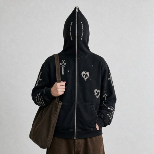 Wash DTG Print Full Face Zip Hoodie | Vintage Gothic Letter Sword Sleeve Print | Streetwear Manufacturer