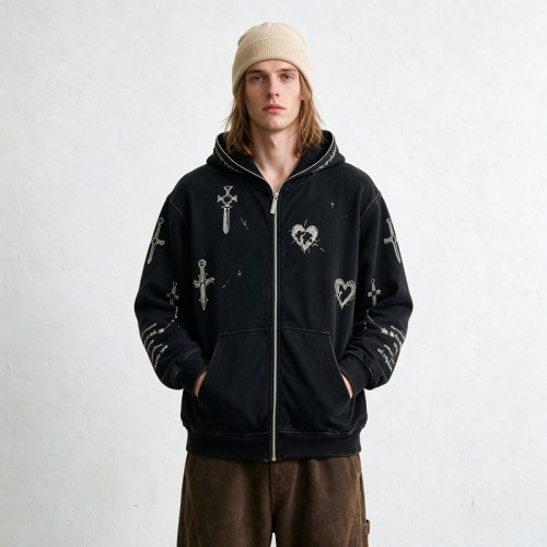 Wash DTG Print Full Face Zip Hoodie | Vintage Gothic Letter Sword Sleeve Print | Streetwear Manufacturer