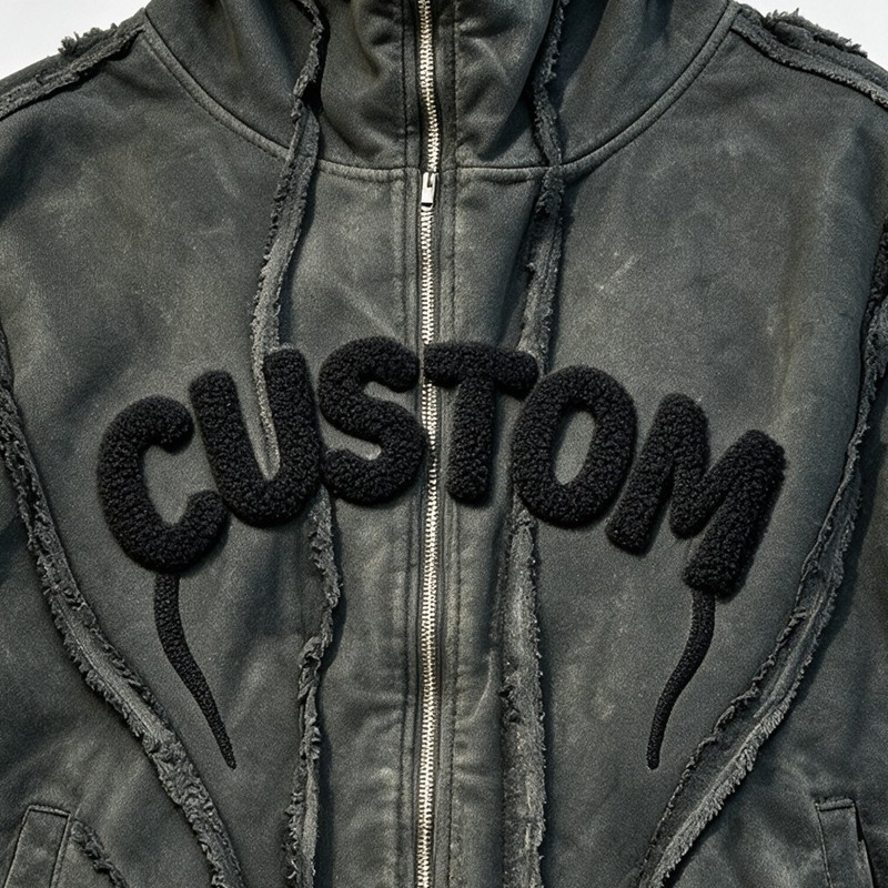 Washed Towel Embroidery Hoodie with Eyelet Rivet