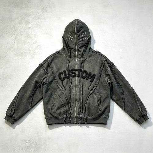 Washed Towel Embroidery Hoodie with Eyelet Rivet | Frayed Raw Edge Grunge Letter Design | Custom Streetwear