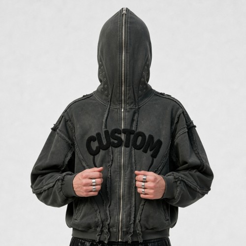 Washed Towel Embroidery Hoodie with Eyelet Rivet | Frayed Raw Edge Grunge Letter Design | Custom Streetwear
