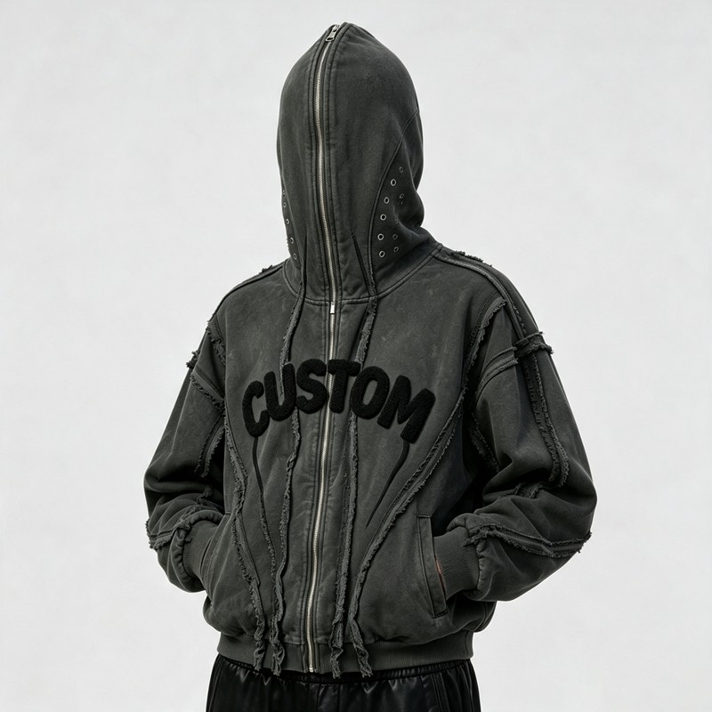 Washed Towel Embroidery Hoodie with Eyelet Rivet