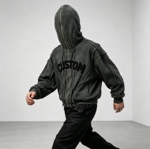 Washed Towel Embroidery Hoodie with Eyelet Rivet | Frayed Raw Edge Grunge Letter Design | Custom Streetwear