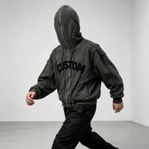 Washed Towel Embroidery Hoodie with Eyelet Rivet | Frayed Raw Edge Grunge Letter Design | Custom Streetwear