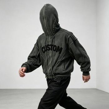 Washed Towel Embroidery Hoodie with Eyelet Rivet | Frayed Raw Edge Grunge Letter Design | Custom Streetwear