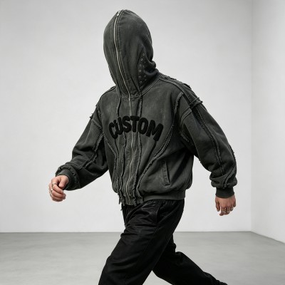 Washed Towel Embroidery Hoodie with Eyelet Rivet | Frayed Raw Edge Grunge Letter Design | Custom Streetwear