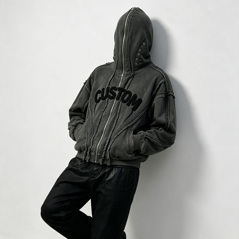 Washed Towel Embroidery Hoodie with Eyelet Rivet