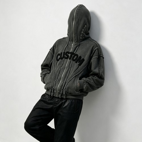 Washed Towel Embroidery Hoodie with Eyelet Rivet | Frayed Raw Edge Grunge Letter Design | Custom Streetwear