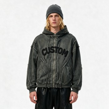 Washed Towel Embroidery Hoodie with Eyelet Rivet | Frayed Raw Edge Grunge Letter Design | Custom Streetwear