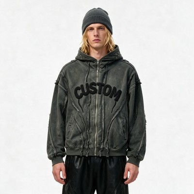 Washed Towel Embroidery Hoodie with Eyelet Rivet | Frayed Raw Edge Grunge Letter Design | Custom Streetwear